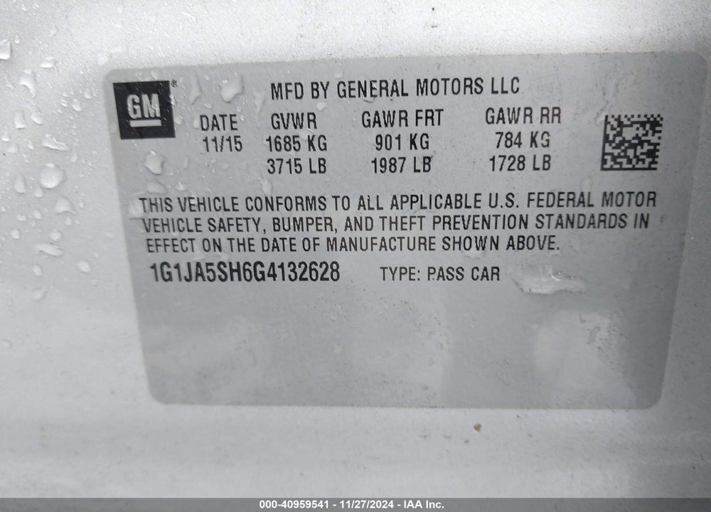 2016 CHEVROLET SONIC LS AUTO VIN: 1G1JA5SH6G4132628