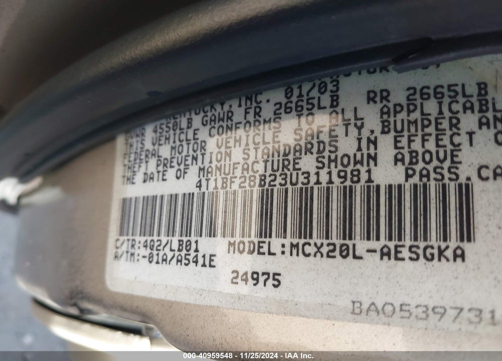 2003 TOYOTA AVALON XLS VIN: 4T1BF28B23U311981