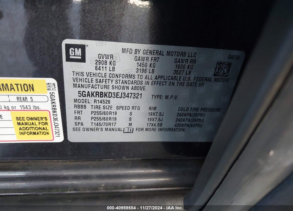 2014 BUICK ENCLAVE LEATHER VIN: 5GAKRBKD3EJ347321