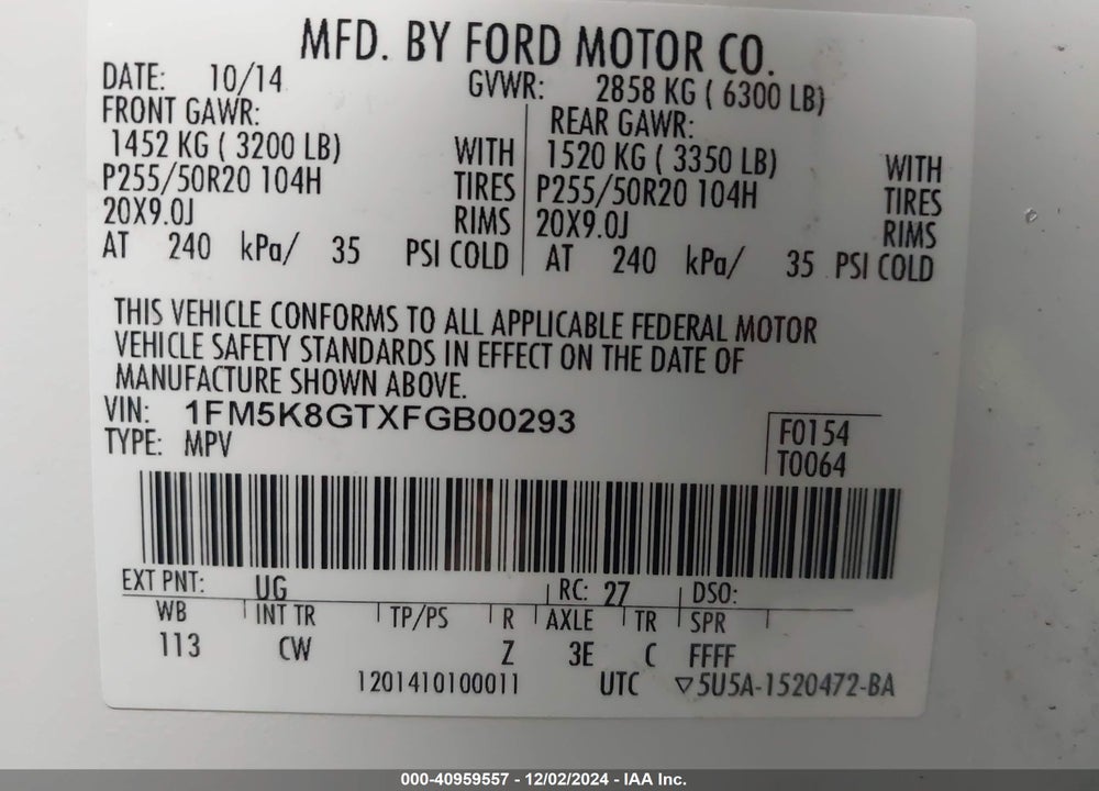 2015 FORD EXPLORER VIN: 1FM5K8GTXFGB00293