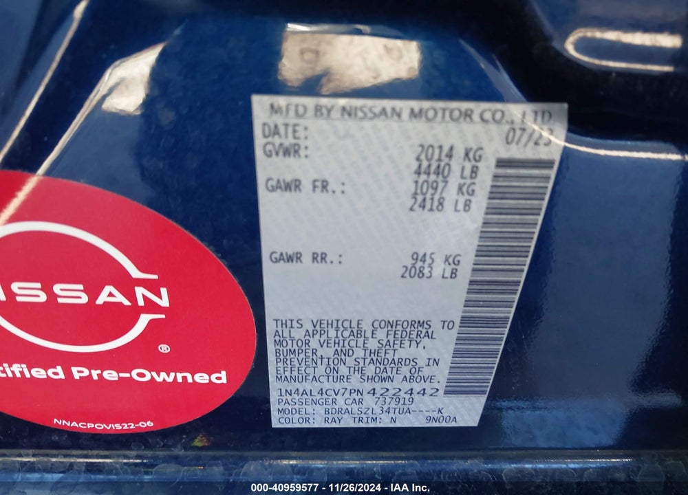 2023 NISSAN ALTIMA VIN: 1N4AL4CV7PN422442