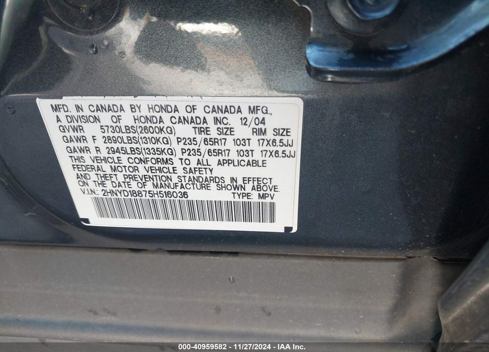 2005 ACURA MDX VIN: 2HNYD18875H516036