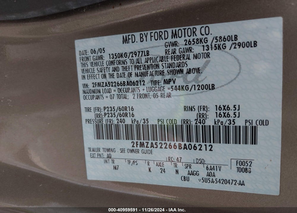 2006 FORD FREESTAR SEL VIN: 2FMZA52266BA06212