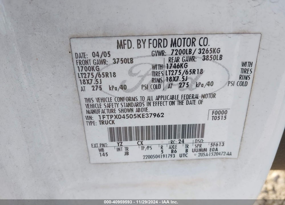 2005 FORD F-150 FX4/XLT VIN: 1FTPX04505KE37962