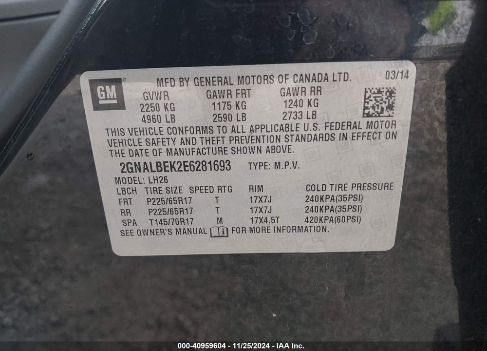 2014 CHEVROLET EQUINOX 1LT VIN: 2GNALBEK2E6281693