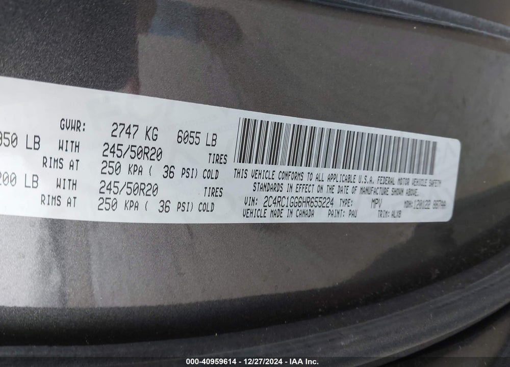 2017 CHRYSLER PACIFICA LIMITED VIN: 2C4RC1GG6HR655224