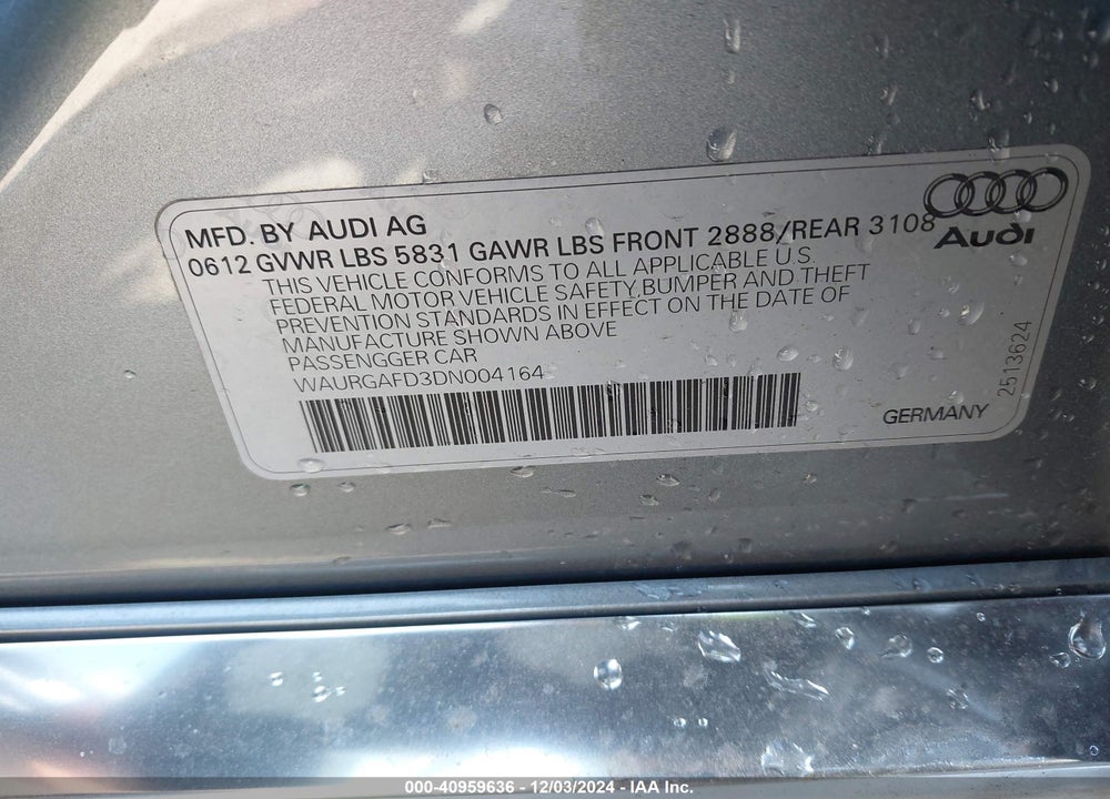 2013 AUDI A8 L 3.0T VIN: WAURGAFD3DN004164