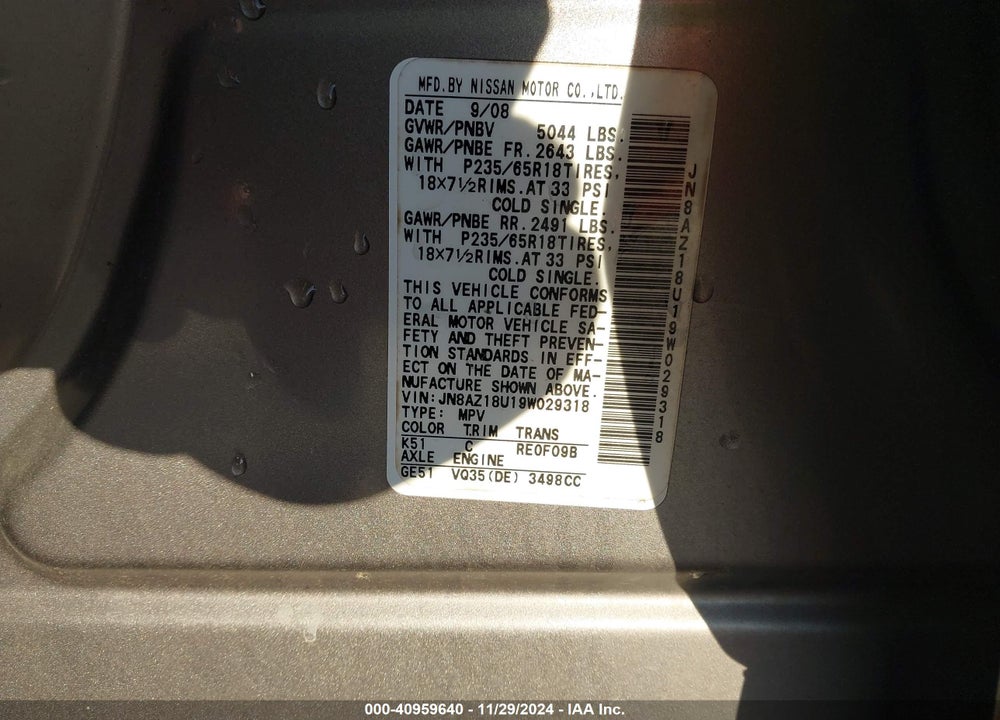 2009 NISSAN MURANO SL VIN: JN8AZ18U19W029318