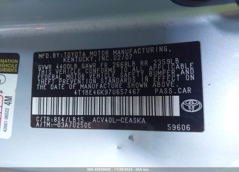 2007 TOYOTA CAMRY SE VIN: 4T1BE46K97U657467