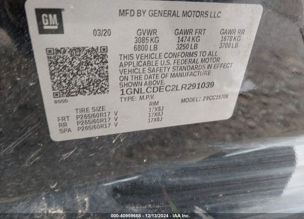 2020 CHEVROLET TAHOE VIN: 1GNLCDEC2LR291039