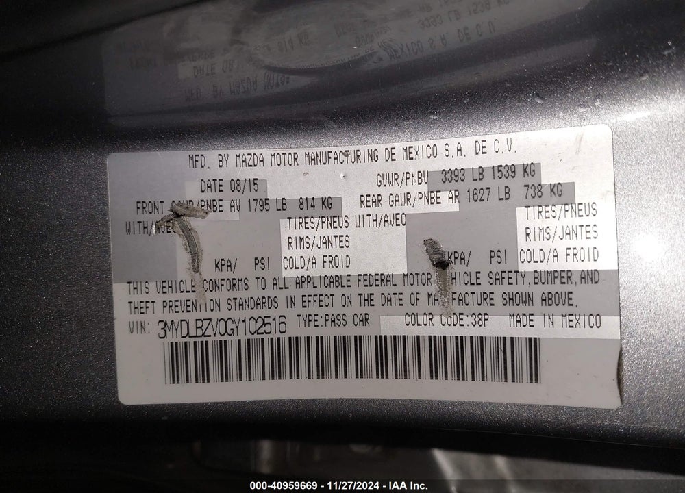 2016 SCION IA VIN: 3MYDLBZV0GY102516