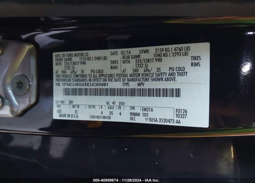 2014 FORD ESCAPE SE VIN: 1FMCU9GX5EUC60981
