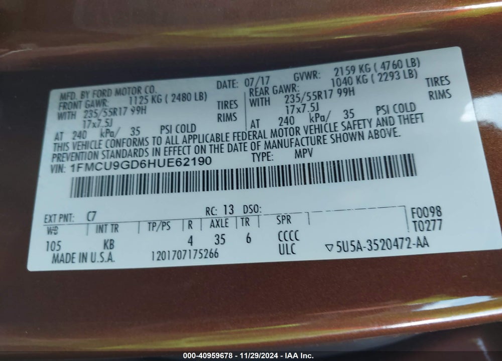 2017 FORD ESCAPE SE VIN: 1FMCU9GD6HUE62190