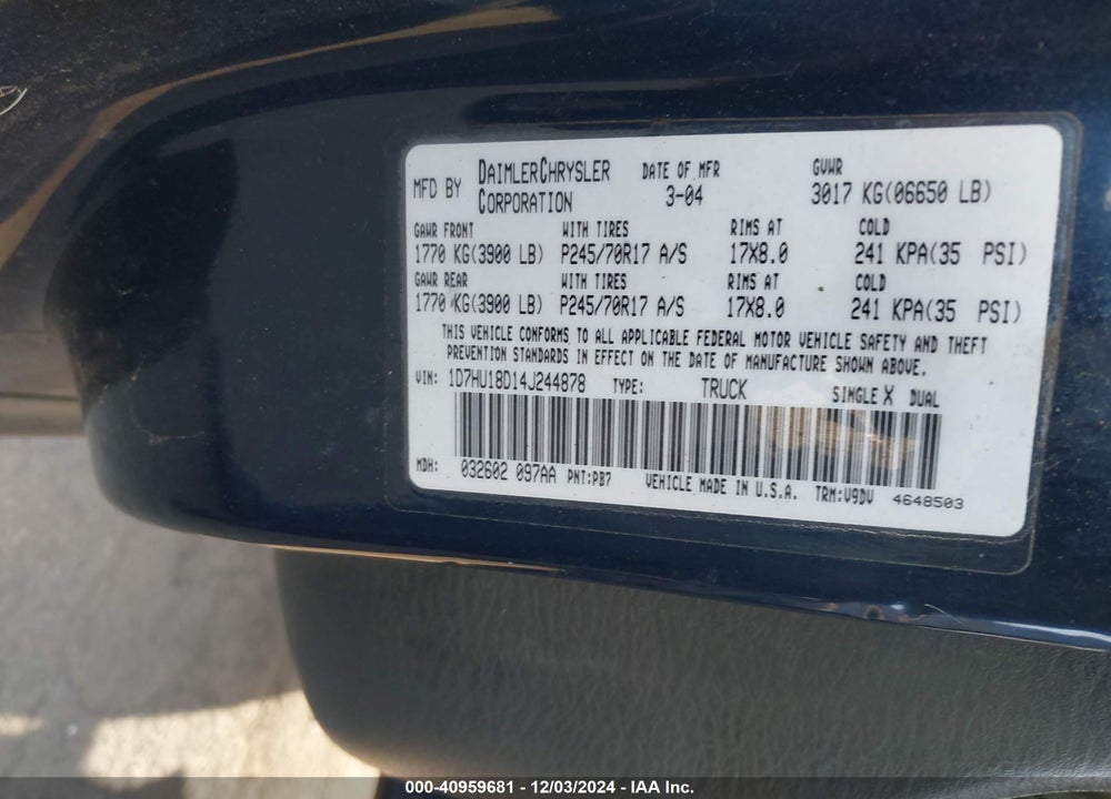 2004 DODGE RAM 1500 SLT/LARAMIE VIN: 1D7HU18D14J244878