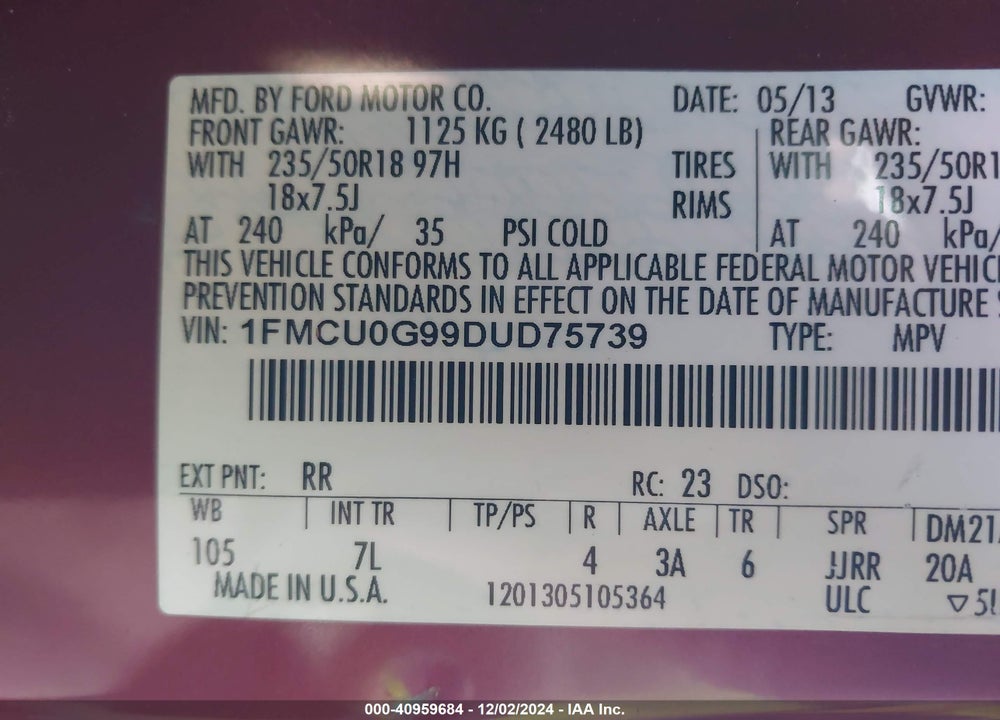 2013 FORD ESCAPE SE VIN: 1FMCU0G99DUD75739