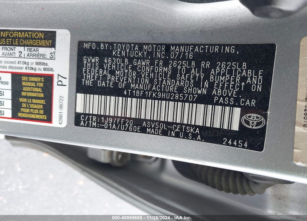 2017 TOYOTA CAMRY SE VIN: 4T1BF1FK9HU285707