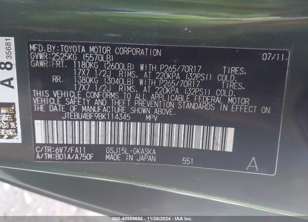 2011 TOYOTA FJ CRUISER VIN: JTEBU4BF9BK114345