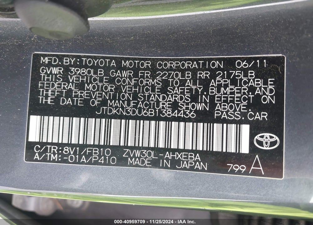 2011 TOYOTA PRIUS TWO VIN: JTDKN3DU6B1384436