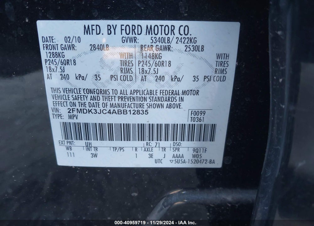 2010 FORD EDGE SEL VIN: 2FMDK3JC4ABB12835