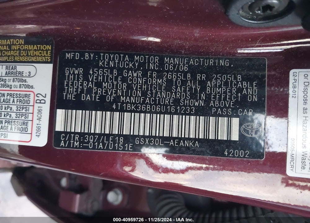2006 TOYOTA AVALON TOURING VIN: 4T1BK36B06U161233