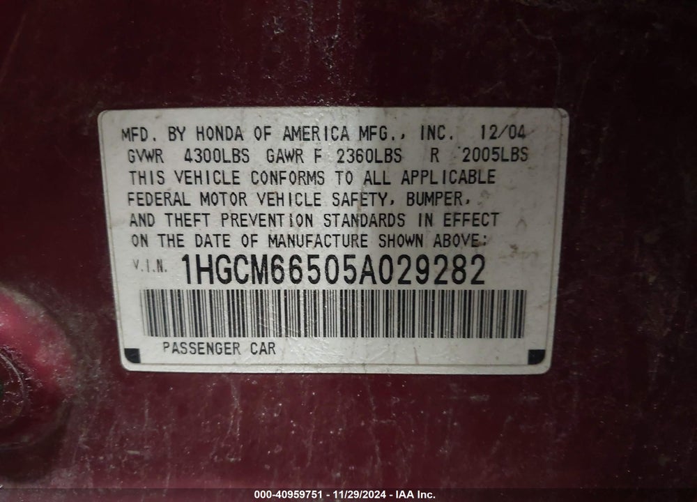2005 HONDA ACCORD 3.0 EX VIN: 1HGCM66505A029282