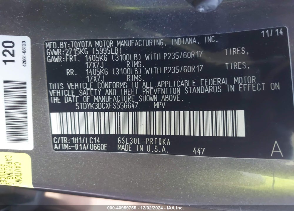 2015 TOYOTA SIENNA XLE 8 PASSENGER VIN: 5TDYK3DCXFS556647