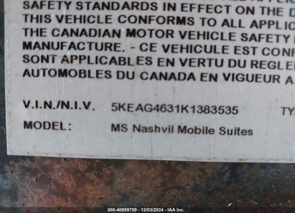 2019 DRV MOBILE SUITES VIN: 5KEAG4631K1383535