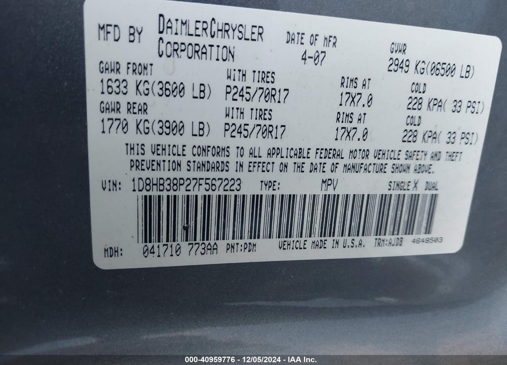 2007 DODGE DURANGO SXT VIN: 1D8HB38P27F567223