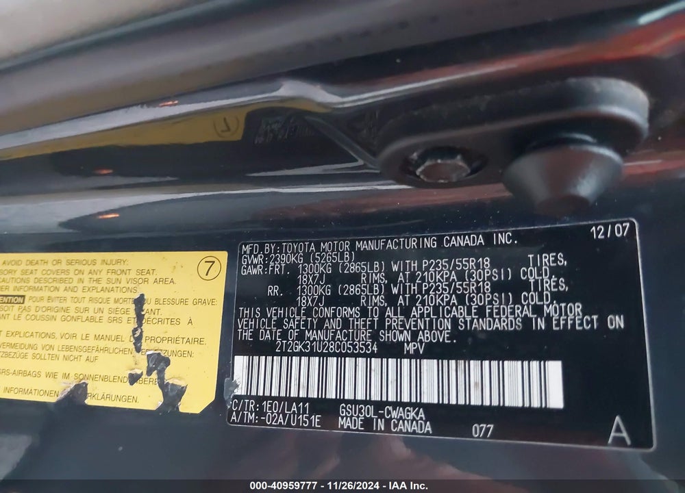 2008 LEXUS RX 350 VIN: 2T2GK31U28C053534