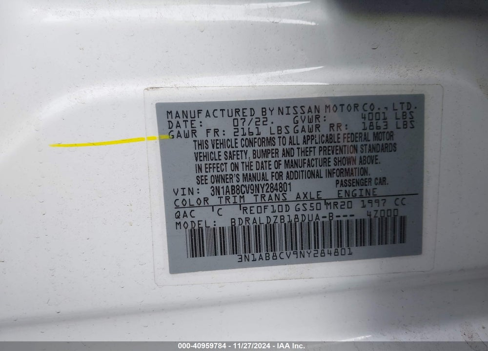 2022 NISSAN SENTRA VIN: 3N1AB8CV9NY284801