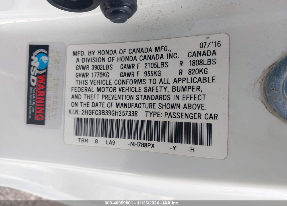 2016 HONDA CIVIC EX-T VIN: 2HGFC3B39GH357338