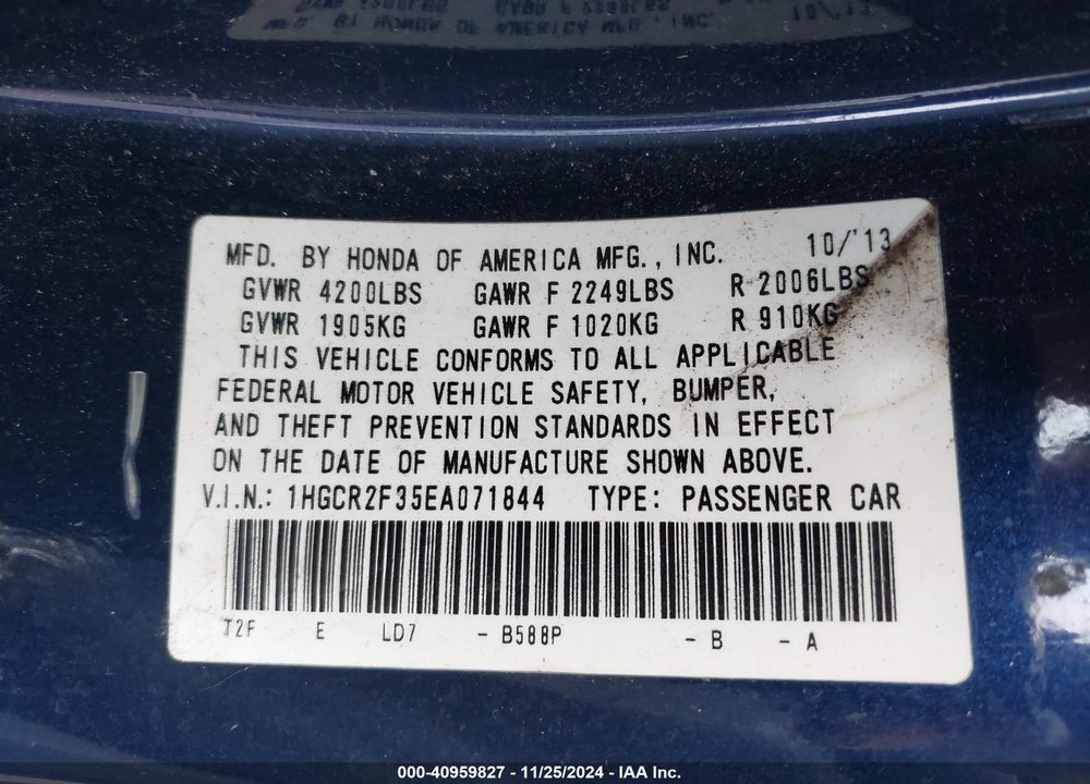 2014 HONDA ACCORD VIN: 1HGCR2F35EA071844