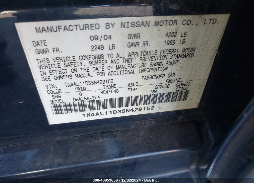 2005 NISSAN ALTIMA 2.5 S VIN: 1N4AL11D35N429152
