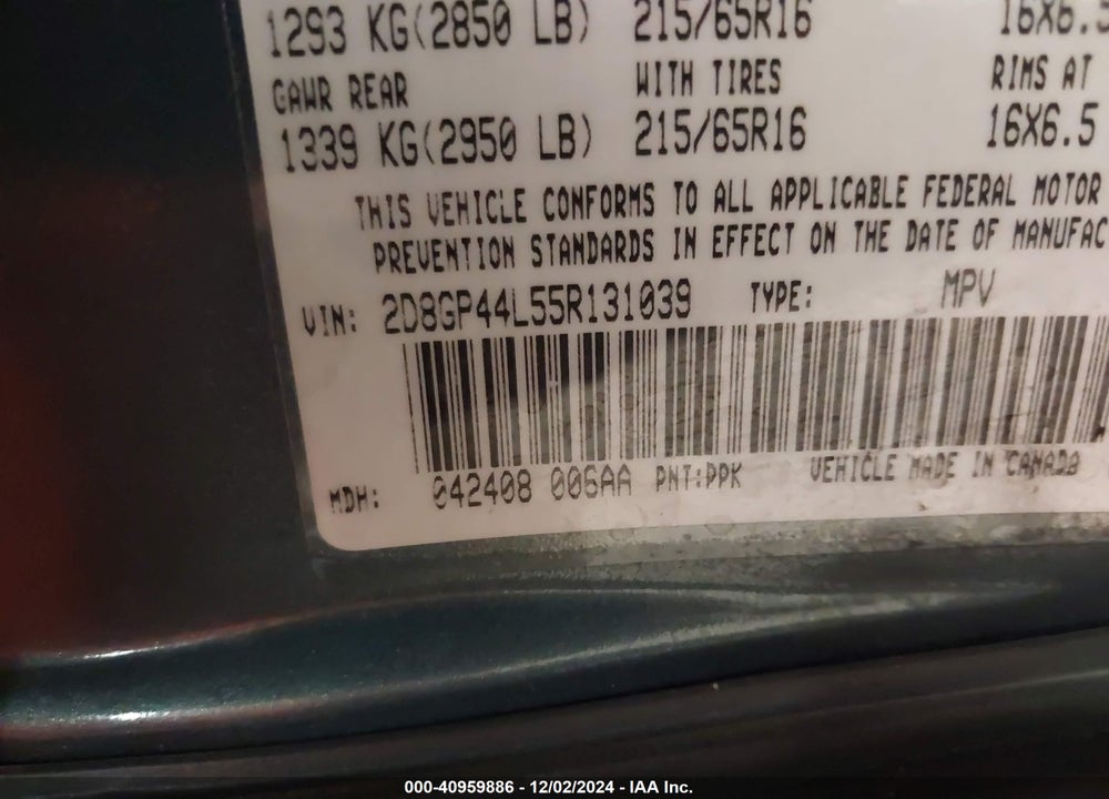 2005 DODGE GRAND CARAVAN SXT VIN: 2D8GP44L55R131039