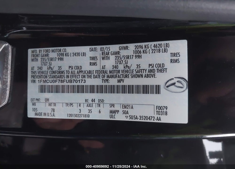 2015 FORD ESCAPE S VIN: 1FMCU0F78FUB70173
