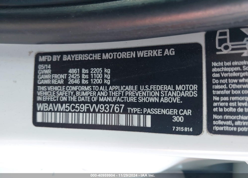 2015 BMW X1 XDRIVE35I VIN: WBAVM5C59FVV93767