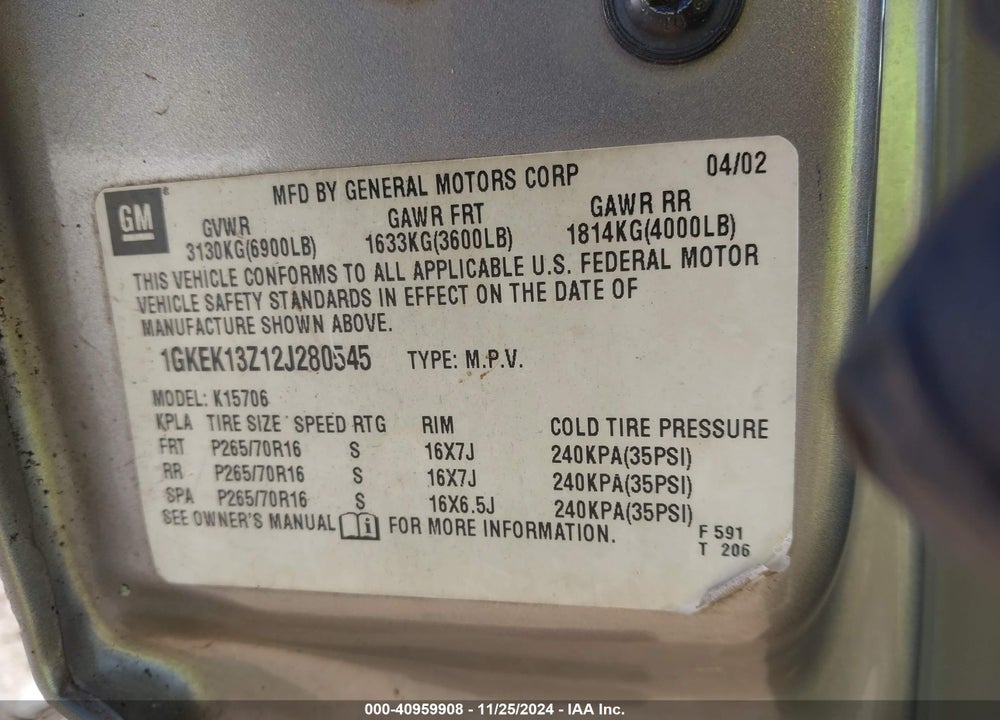 2002 GMC YUKON SLT VIN: 1GKEK13Z12J280545