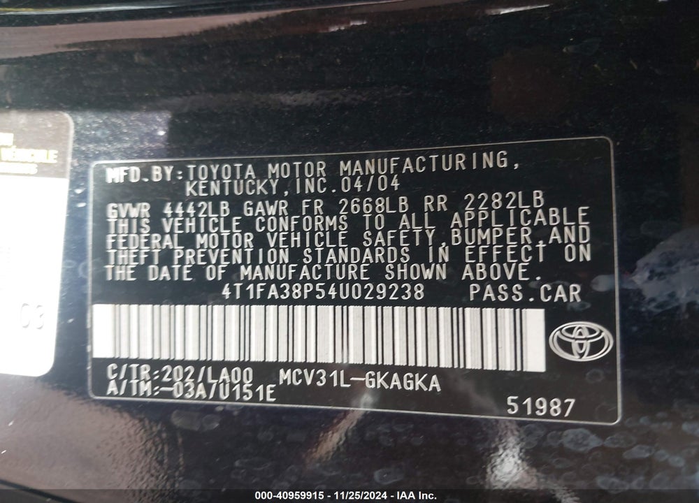 2004 TOYOTA CAMRY SOLARA SLE VIN: 4T1FA38P54U029238