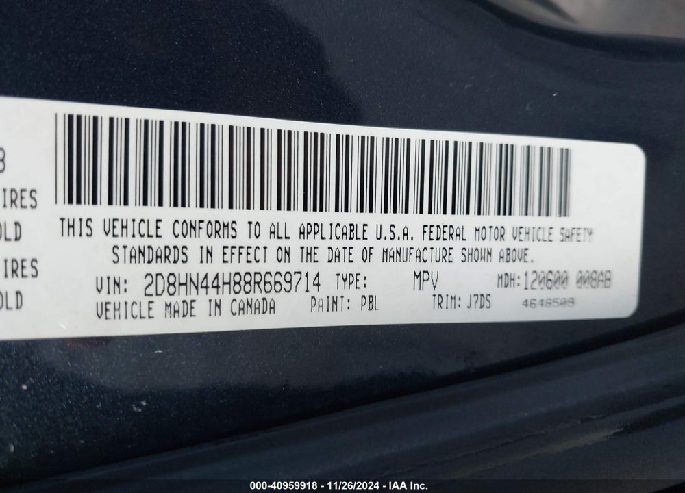2008 DODGE GRAND CARAVAN SE VIN: 2D8HN44H88R669714