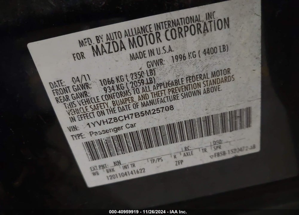 2011 MAZDA 6 VIN: 1YVHZ8CH7B5M25708
