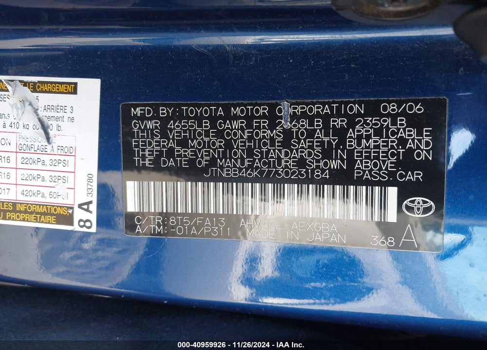 2007 TOYOTA CAMRY HYBRID VIN: JTNBB46K773023184
