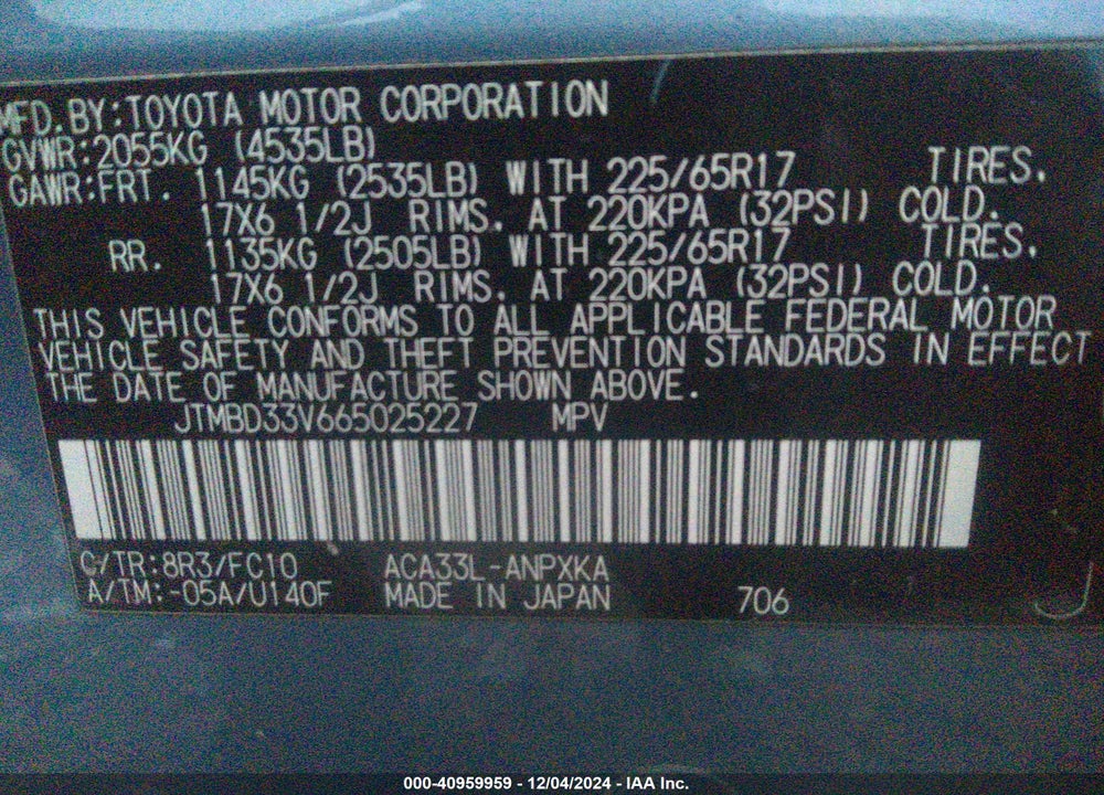 2006 TOYOTA RAV4 VIN: JTMBD33V665025227