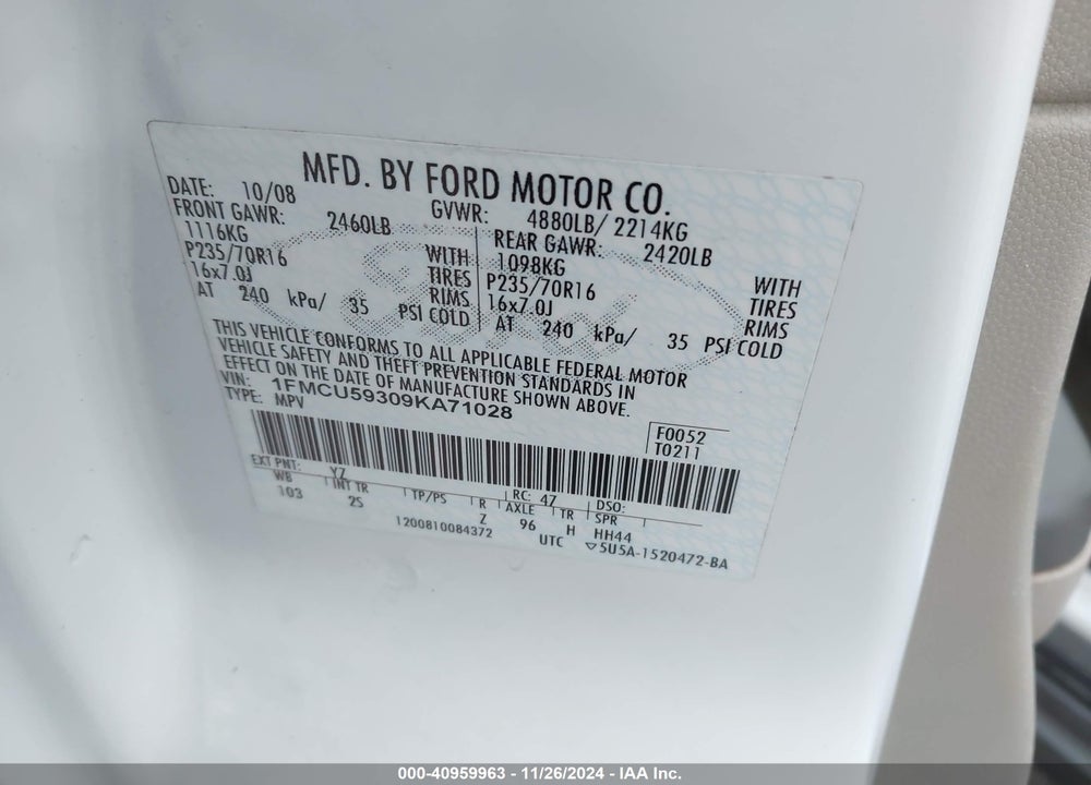 2009 FORD ESCAPE HYBRID LIMITED VIN: 1FMCU59309KA71028