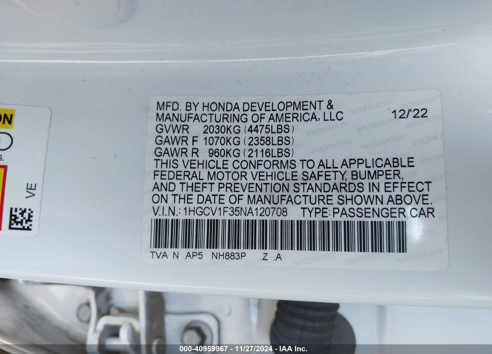 2022 HONDA ACCORD VIN: 1HGCV1F35NA120708