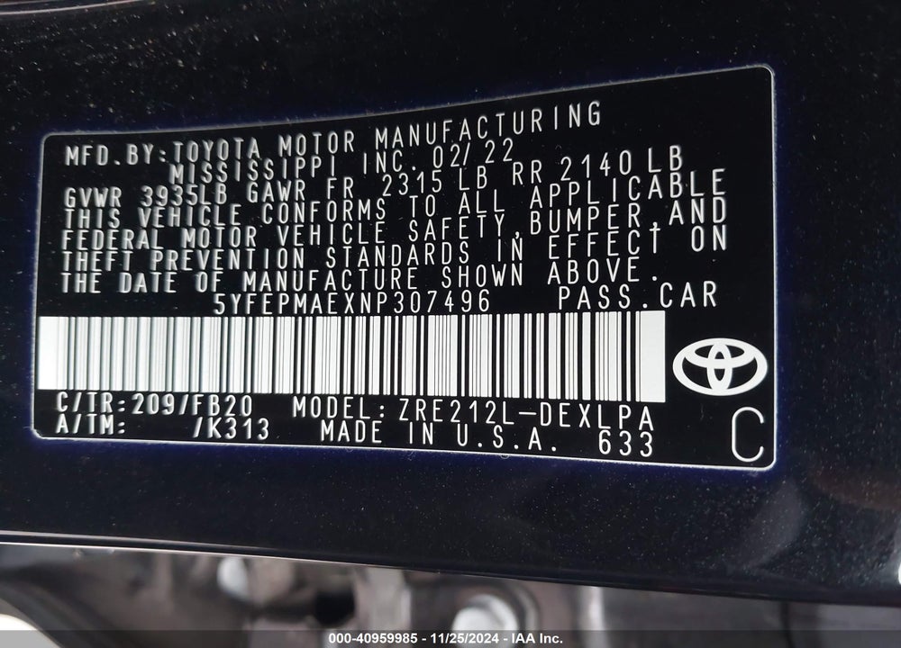 2022 TOYOTA COROLLA VIN: 5YFEPMAEXNP307496
