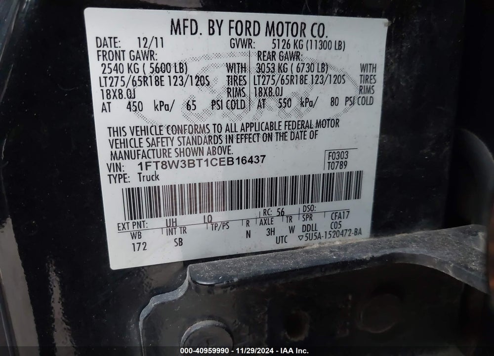 2012 FORD F-350 LARIAT VIN: 1FT8W3BT1CEB16437