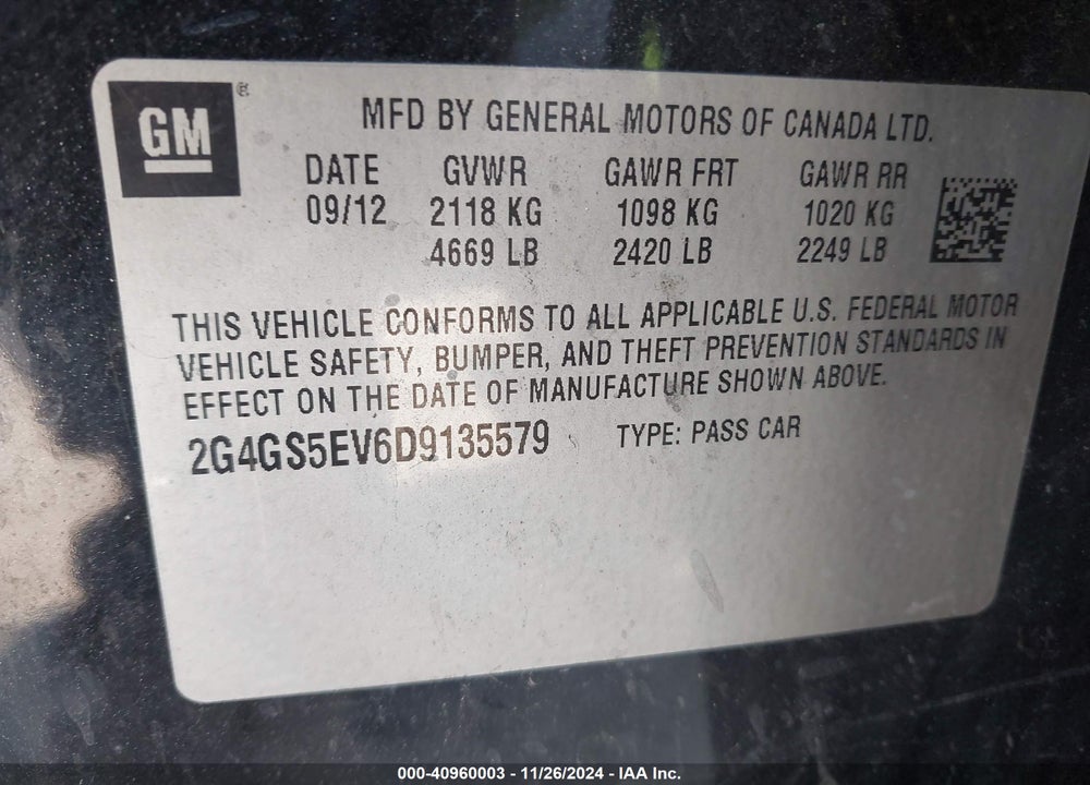 2013 BUICK REGAL VIN: 2G4GS5EV6D9135579
