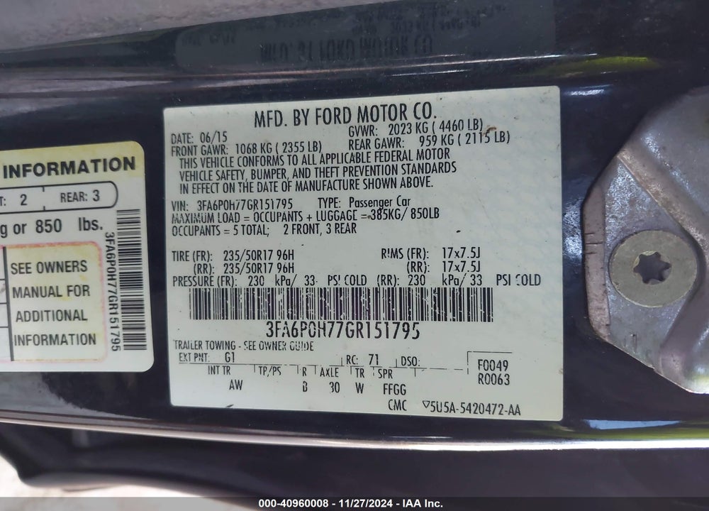 2016 FORD FUSION VIN: 3FA6P0H77GR151795