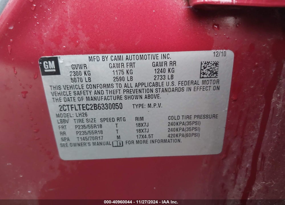 2011 GMC TERRAIN SLE-2 VIN: 2CTFLTEC2B6330050