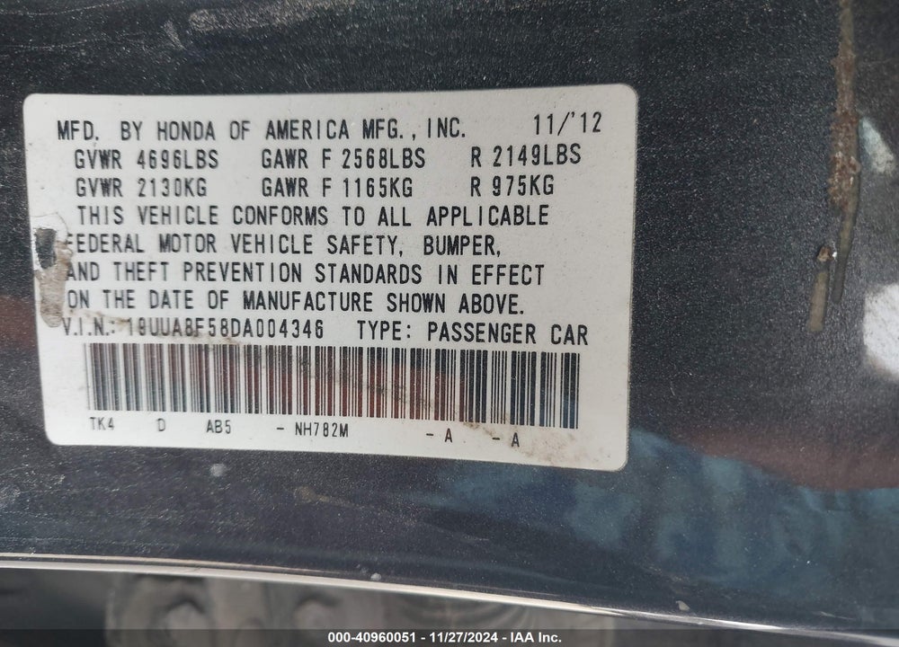 2013 ACURA TL VIN: 19UUA8F58DA004346
